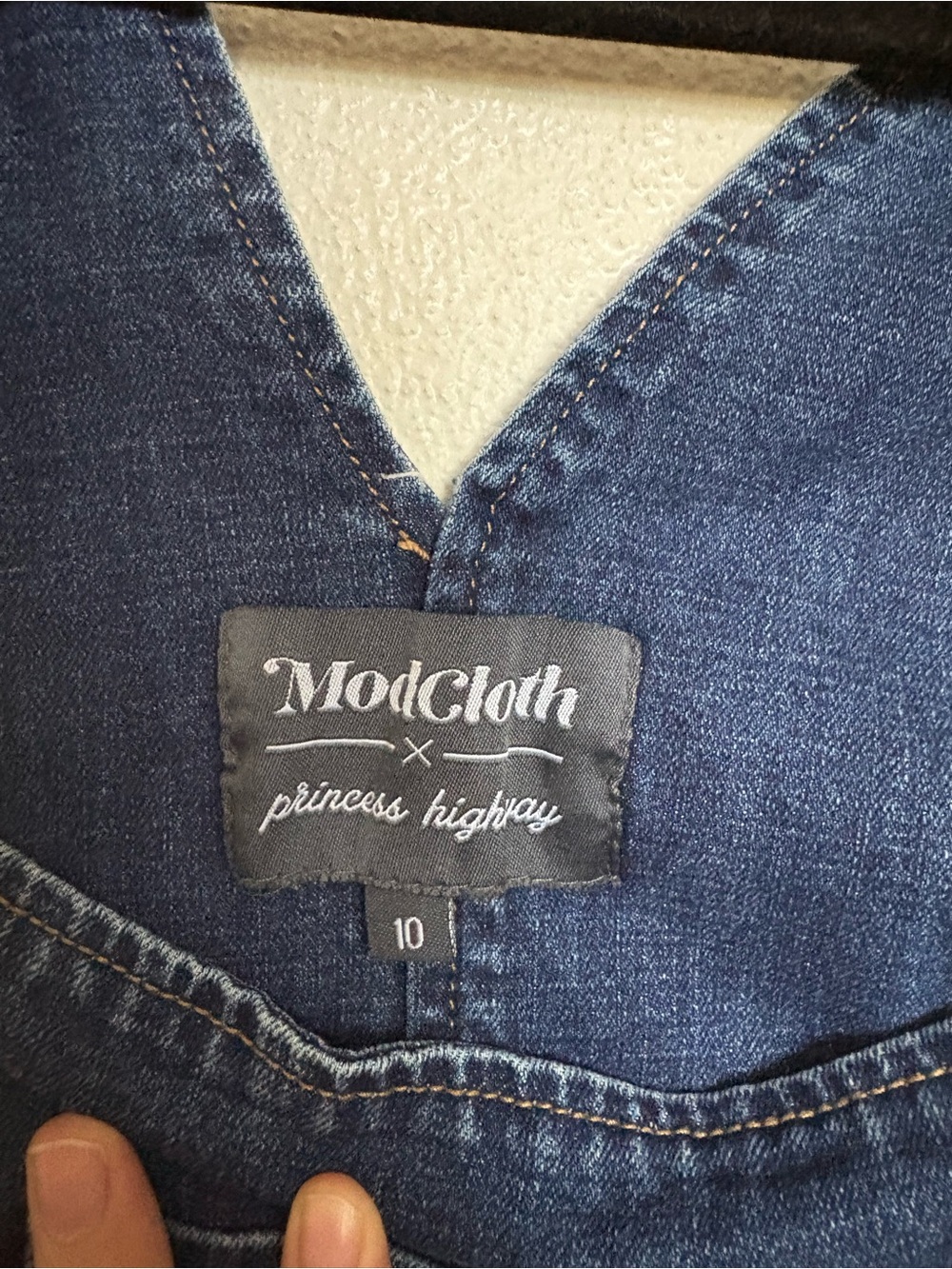 Modcloth Dark Blue Denim Short Overalls with Cottagecore Deer Embroidery - Picture 3 of 3